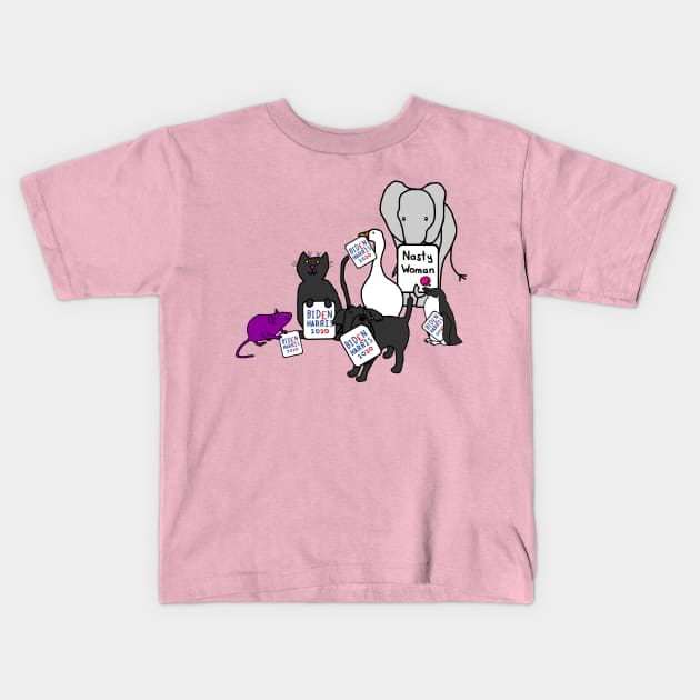 Animals with Biden Harris Signs Supporting Kamala Harris Kids T-Shirt by ellenhenryart